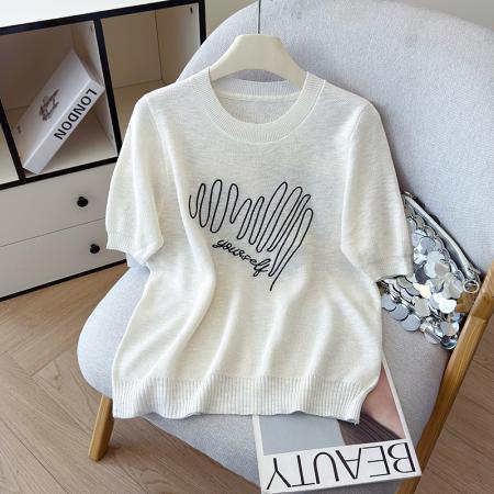 BY11966# 夏季新款时尚百搭圆领宽松刺绣冰丝T恤天丝麻针织衫上衣女 服裝批發女裝批發服飾貨源