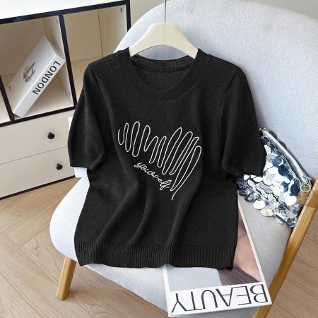 BY11966# 夏季新款时尚百搭圆领宽松刺绣冰丝T恤天丝麻针织衫上衣女 服裝批發女裝批發服飾貨源