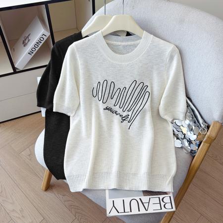 BY11966# 夏季新款时尚百搭圆领宽松刺绣冰丝T恤天丝麻针织衫上衣女 服裝批發女裝批發服飾貨源