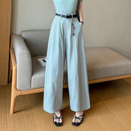 BY11968# 春夏天丝棉高腰显瘦设计感高腰长裤宽松阔腿直筒九分休闲裤女 服裝批發女裝批發服飾貨源
