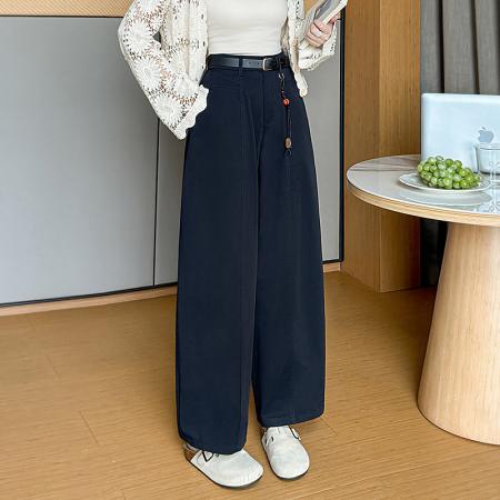 BY11968# 春夏天丝棉高腰显瘦设计感高腰长裤宽松阔腿直筒九分休闲裤女 服裝批發女裝批發服飾貨源