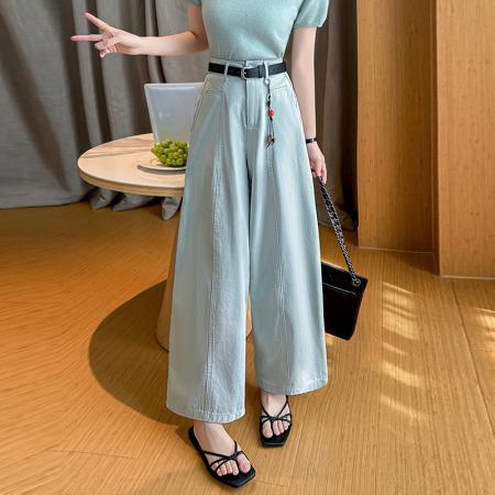 BY11968# 春夏天丝棉高腰显瘦设计感高腰长裤宽松阔腿直筒九分休闲裤女 服裝批發女裝批發服飾貨源