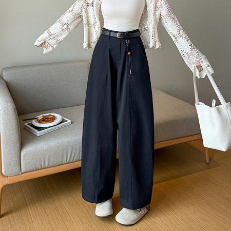 BY11968# 春夏天丝棉高腰显瘦设计感高腰长裤宽松阔腿直筒九分休闲裤女 服裝批發女裝批發服飾貨源