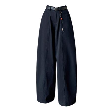 BY11968# 春夏天丝棉高腰显瘦设计感高腰长裤宽松阔腿直筒九分休闲裤女 服裝批發女裝批發服飾貨源