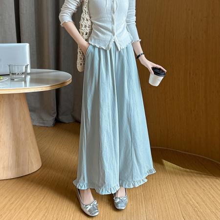 BY11971# 春夏新款显瘦设计感木耳边高腰宽松大摆阔腿A字裙裤休闲裤女 服裝批發女裝批發服飾貨源