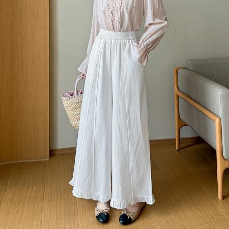 BY11971# 春夏新款显瘦设计感木耳边高腰宽松大摆阔腿A字裙裤休闲裤女 服裝批發女裝批發服飾貨源