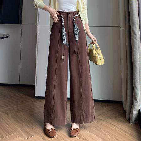 BY11973# 春夏新款牛仔棉高腰显瘦设计感腰带高腰长裤宽松阔腿休闲裤女 服裝批發女裝批發服飾貨源