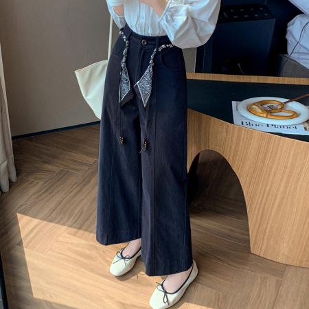 BY11973# 春夏新款牛仔棉高腰显瘦设计感腰带高腰长裤宽松阔腿休闲裤女 服裝批發女裝批發服飾貨源