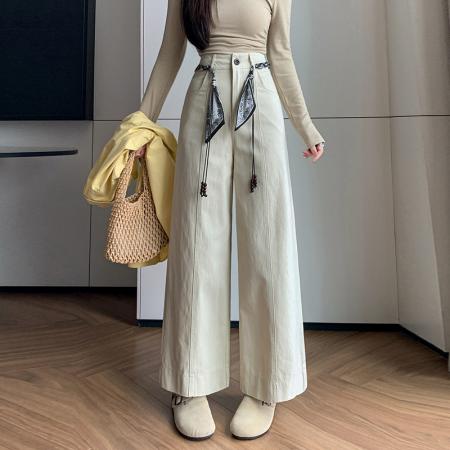 BY11973# 春夏新款牛仔棉高腰显瘦设计感腰带高腰长裤宽松阔腿休闲裤女 服裝批發女裝批發服飾貨源