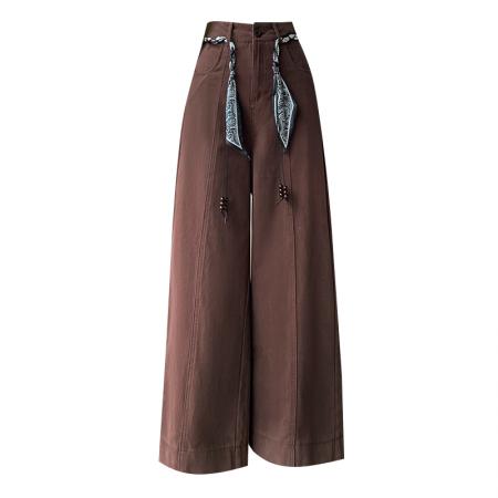 BY11973# 春夏新款牛仔棉高腰显瘦设计感腰带高腰长裤宽松阔腿休闲裤女 服裝批發女裝批發服飾貨源