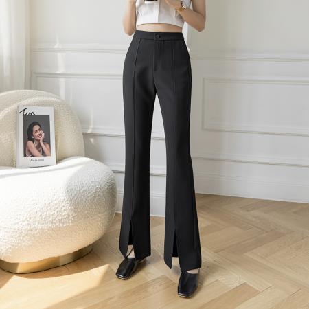 BY11975# 休闲高腰长裤女春夏新款显瘦韩版微喇叭西裤开叉垂坠感裤子女 服裝批發女裝批發服飾貨源