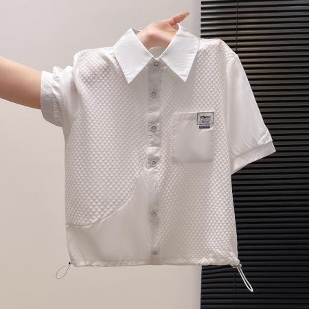 BY11976# 夏季新款时尚洋气假两件拼接短袖白色衬衫女时尚减龄小衫抽绳上衣 服裝批發女裝批發服飾貨源