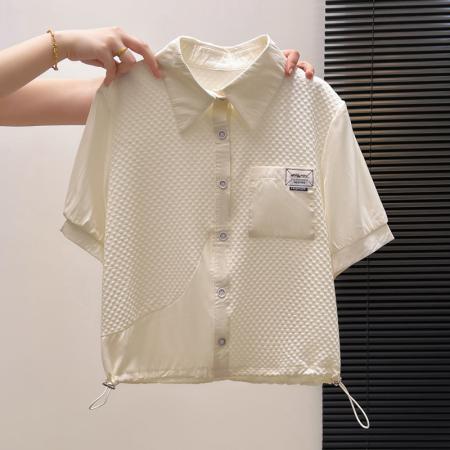 BY11976# 夏季新款时尚洋气假两件拼接短袖白色衬衫女时尚减龄小衫抽绳上衣 服裝批發女裝批發服飾貨源