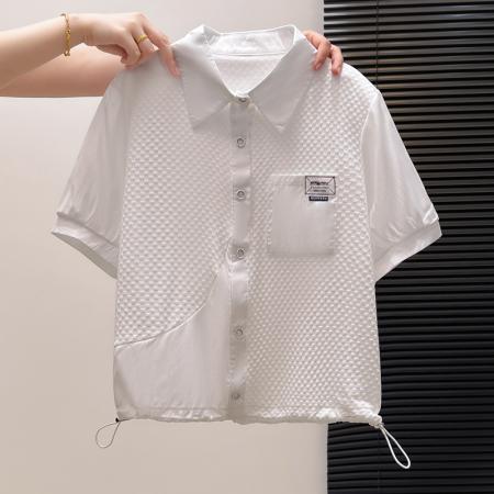 BY11976# 夏季新款时尚洋气假两件拼接短袖白色衬衫女时尚减龄小衫抽绳上衣 服裝批發女裝批發服飾貨源