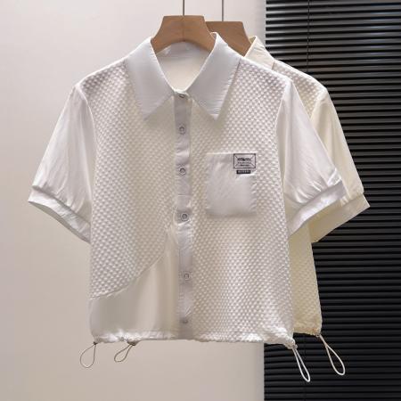 BY11976# 夏季新款时尚洋气假两件拼接短袖白色衬衫女时尚减龄小衫抽绳上衣 服裝批發女裝批發服飾貨源