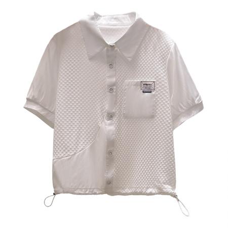 BY11976# 夏季新款时尚洋气假两件拼接短袖白色衬衫女时尚减龄小衫抽绳上衣 服裝批發女裝批發服飾貨源