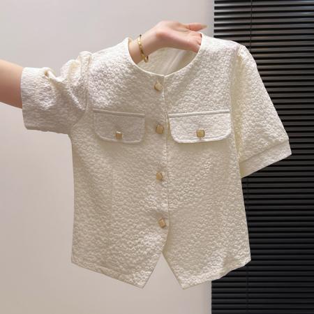 BY11977# 夏季新款时尚洋气短袖衬衫女气质减龄雪纺小衫显瘦百搭短款上衣潮 服裝批發女裝批發服飾貨源