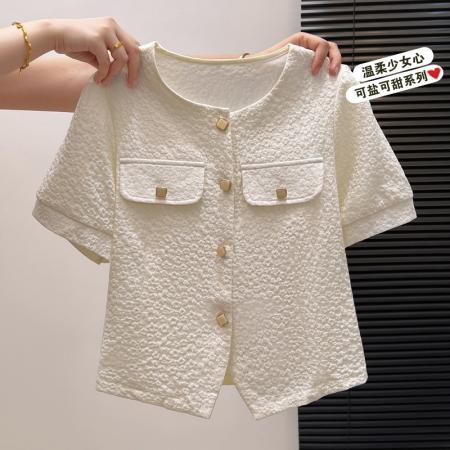 BY11977# 夏季新款时尚洋气短袖衬衫女气质减龄雪纺小衫显瘦百搭短款上衣潮 服裝批發女裝批發服飾貨源