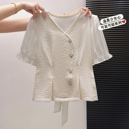 BY11978# 夏季新款时尚洋气V领短袖衬衫女设计感收腰显瘦蝴蝶结绑带上衣 服裝批發女裝批發服飾貨源