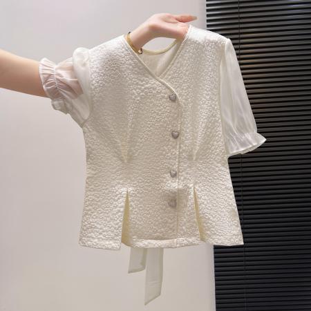 BY11978# 夏季新款时尚洋气V领短袖衬衫女设计感收腰显瘦蝴蝶结绑带上衣 服裝批發女裝批發服飾貨源