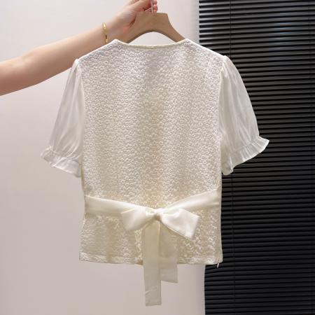 BY11978# 夏季新款时尚洋气V领短袖衬衫女设计感收腰显瘦蝴蝶结绑带上衣 服裝批發女裝批發服飾貨源