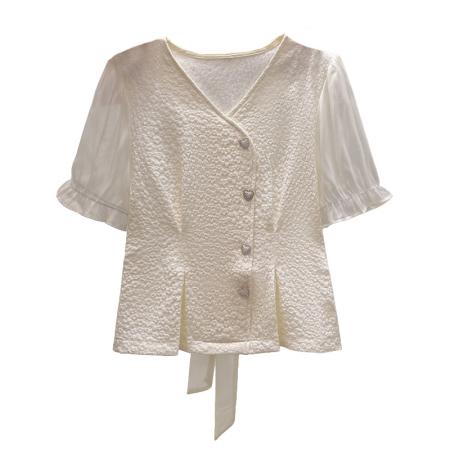 BY11978# 夏季新款时尚洋气V领短袖衬衫女设计感收腰显瘦蝴蝶结绑带上衣 服裝批發女裝批發服飾貨源