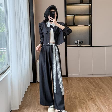 BY11979# 春新款韩版时尚简约套装气质蕾丝花边衬衫短上衣阔腿裤两件套 服裝批發女裝批發服飾貨源