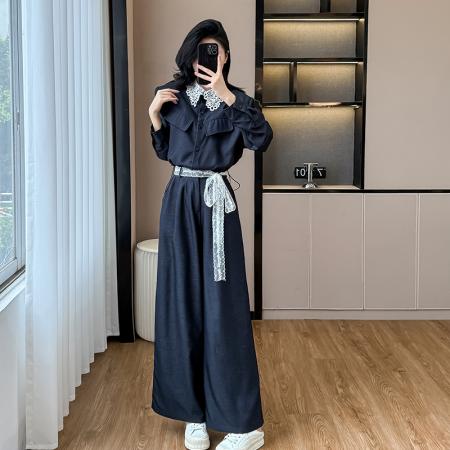 BY11979# 春新款韩版时尚简约套装气质蕾丝花边衬衫短上衣阔腿裤两件套 服裝批發女裝批發服飾貨源