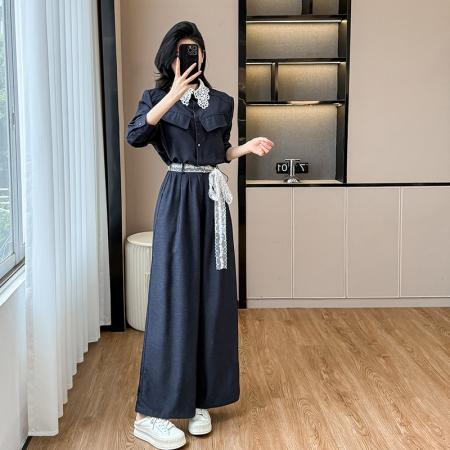 BY11979# 春新款韩版时尚简约套装气质蕾丝花边衬衫短上衣阔腿裤两件套 服裝批發女裝批發服飾貨源