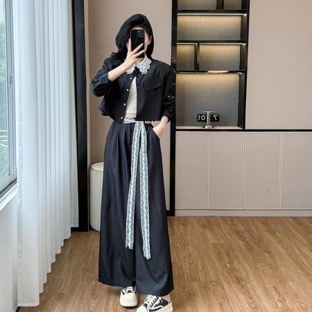 BY11979# 春新款韩版时尚简约套装气质蕾丝花边衬衫短上衣阔腿裤两件套 服裝批發女裝批發服飾貨源