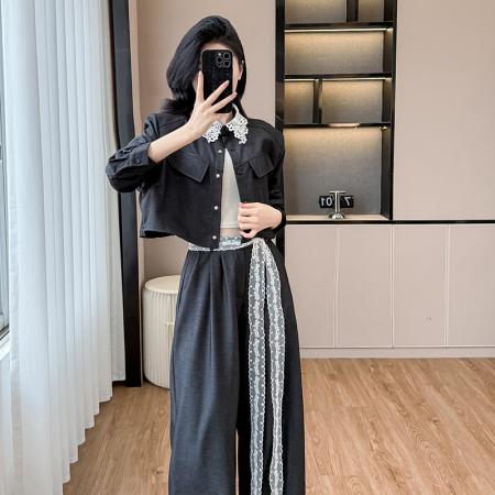 BY11979# 春新款韩版时尚简约套装气质蕾丝花边衬衫短上衣阔腿裤两件套 服裝批發女裝批發服飾貨源