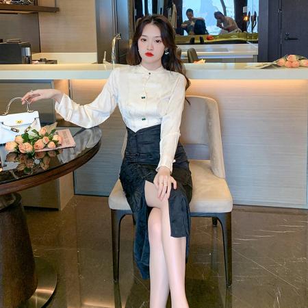 BY11980# 新款中式轻熟衬衫小众提花衬衣+旗袍式半身裙套装两件套 服裝批發女裝批發服飾貨源