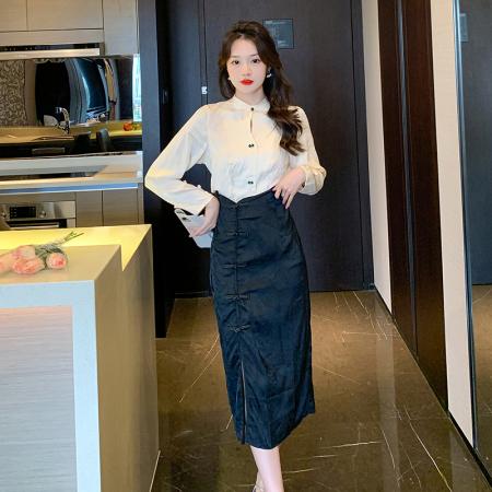 BY11980# 新款中式轻熟衬衫小众提花衬衣+旗袍式半身裙套装两件套 服裝批發女裝批發服飾貨源