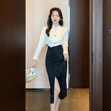 BY11980# 新款中式轻熟衬衫小众提花衬衣+旗袍式半身裙套装两件套 服裝批發女裝批發服飾貨源