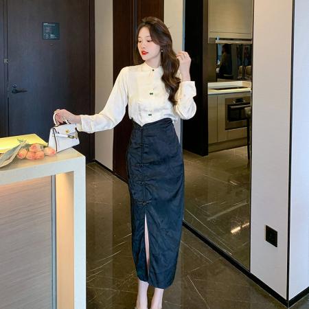 BY11980# 新款中式轻熟衬衫小众提花衬衣+旗袍式半身裙套装两件套 服裝批發女裝批發服飾貨源