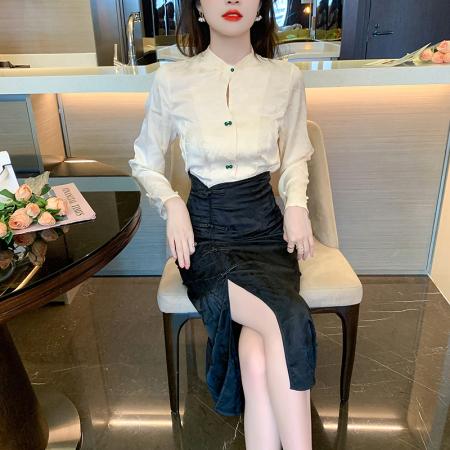 BY11980# 新款中式轻熟衬衫小众提花衬衣+旗袍式半身裙套装两件套 服裝批發女裝批發服飾貨源