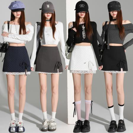 BY11984# 高腰气质灰色波点半身裙女春夏新款修身显瘦A字蛋糕短裙 服裝批發女裝批發服飾貨源