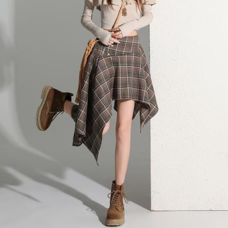 BY11986# 小个子高腰不规则格子短裙女新品通勤显瘦a字休闲半身裙 服裝批發女裝批發服飾貨源