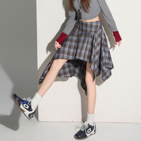 BY11986# 小个子高腰不规则格子短裙女新品通勤显瘦a字休闲半身裙 服裝批發女裝批發服飾貨源