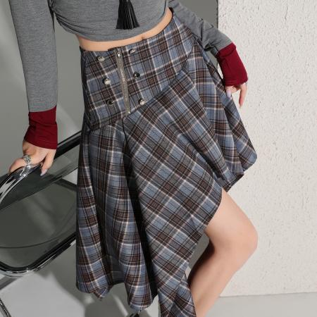 BY11986# 小个子高腰不规则格子短裙女新品通勤显瘦a字休闲半身裙 服裝批發女裝批發服飾貨源