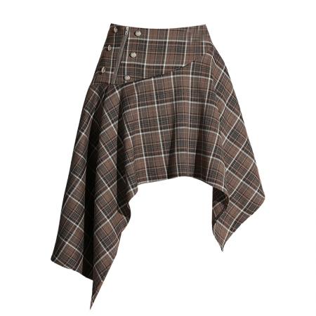 BY11986# 小个子高腰不规则格子短裙女新品通勤显瘦a字休闲半身裙 服裝批發女裝批發服飾貨源