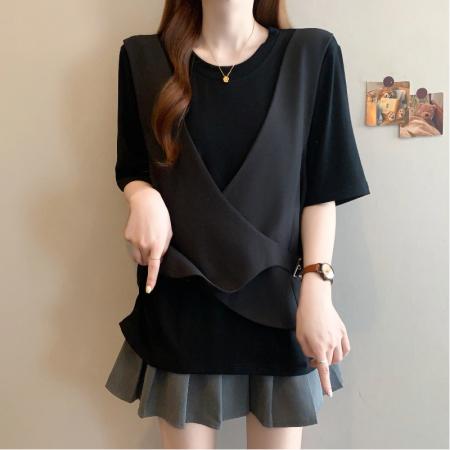 BY11989# 夏季新款大码高级感时尚减龄纯色显瘦假两件马甲T恤上衣 服裝批發女裝批發服飾貨源