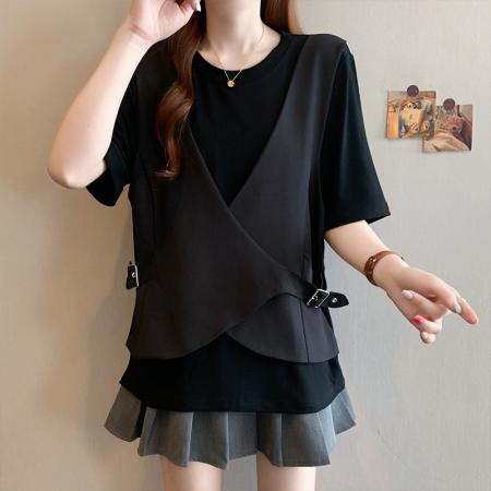 BY11989# 夏季新款大码高级感时尚减龄纯色显瘦假两件马甲T恤上衣 服裝批發女裝批發服飾貨源