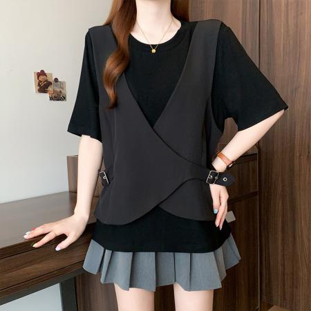 BY11989# 夏季新款大码高级感时尚减龄纯色显瘦假两件马甲T恤上衣 服裝批發女裝批發服飾貨源