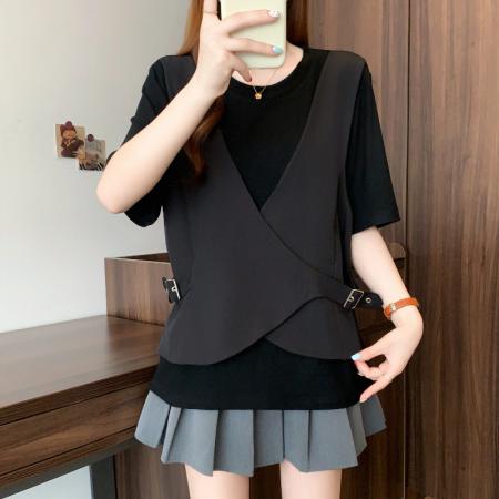 BY11989# 夏季新款大码高级感时尚减龄纯色显瘦假两件马甲T恤上衣 服裝批發女裝批發服飾貨源