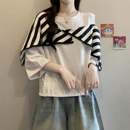 BY11990# 设计感白色条纹拼接正肩显瘦女春夏季新款大码胖mm露肩上衣 服裝批發女裝批發服飾貨源