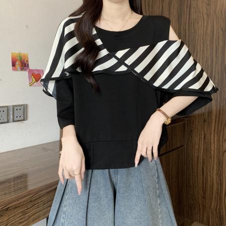 BY11990# 设计感白色条纹拼接正肩显瘦女春夏季新款大码胖mm露肩上衣 服裝批發女裝批發服飾貨源
