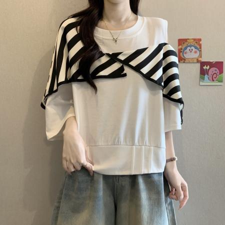 BY11990# 设计感白色条纹拼接正肩显瘦女春夏季新款大码胖mm露肩上衣 服裝批發女裝批發服飾貨源