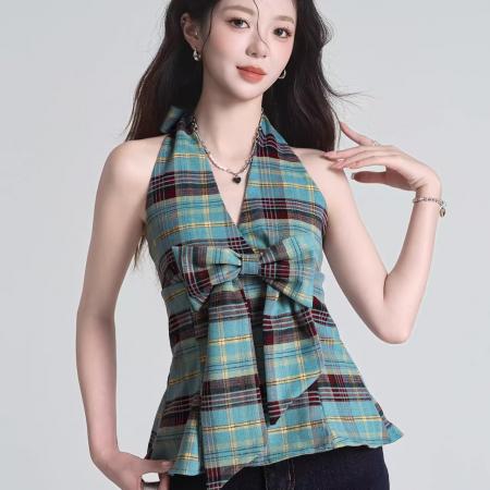 BY11991# 背心短款上衣女夏季新款法式蝴蝶结气质挂脖绑带露背吊带背心 服裝批發女裝批發服飾貨源