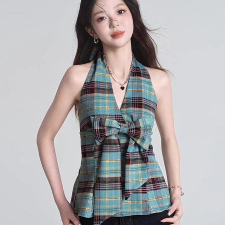 BY11991# 背心短款上衣女夏季新款法式蝴蝶结气质挂脖绑带露背吊带背心 服裝批發女裝批發服飾貨源